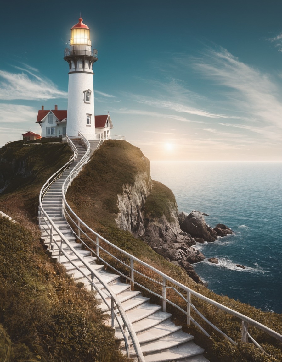 architecture, lighthouse, staircase, ocean view, coastal landscape