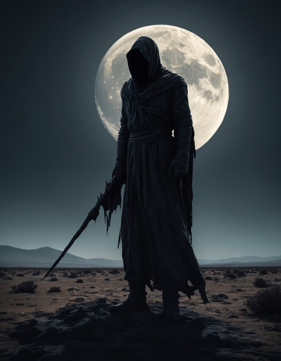 silhouette, shadowy figure, full moon, desolate moor, gothic, underground, dark