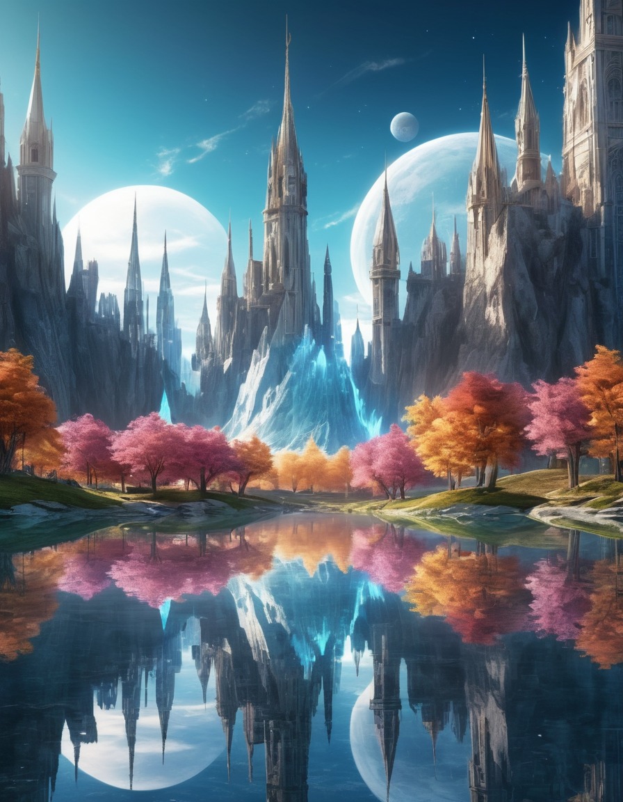 mirrored lake, city, crystal spires, reflection, fantasy, scenic view, serene