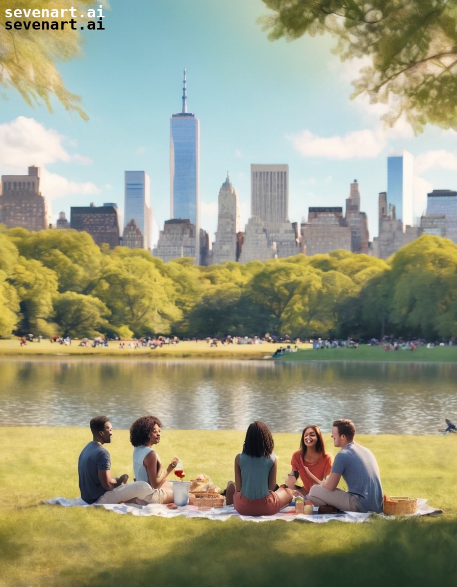 picnic, friends, diversity, central park, manhattan skyline, usa