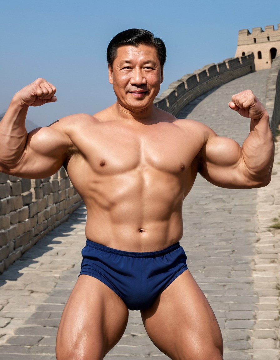 xi jinping, china, bodybuilder, muscle flexing, great wall