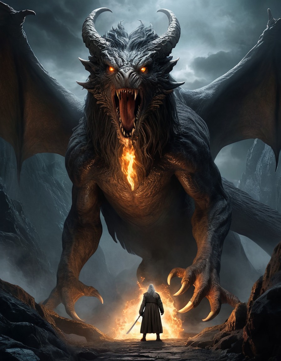 Gandalf the Grey facing a fearsome Balrog in the depths of Moria @ SevenArt