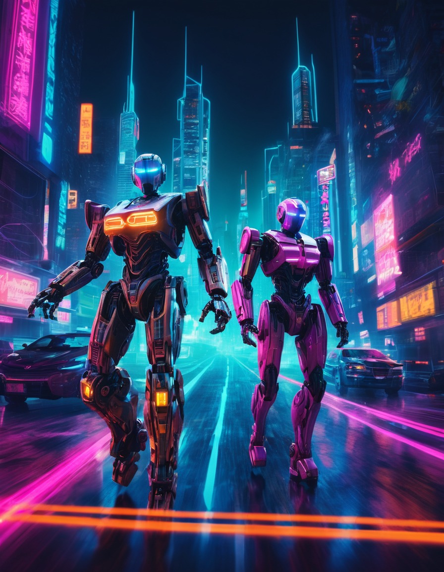 robots, high-speed chase, neon lights, metropolis, futuristic