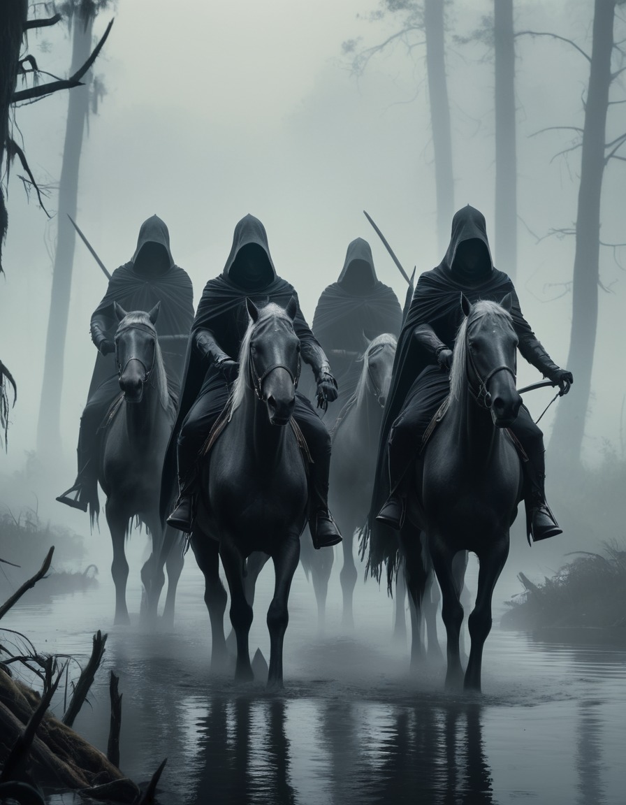 fantasy, ringwraiths, steeds, swamp, mist, john tolkien, tolkien