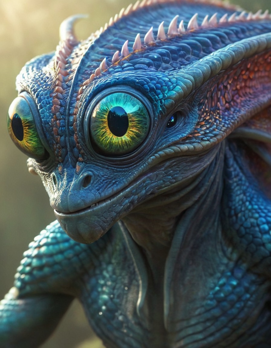 alien, creature, iridescent scales, multiple eyes, extraterrestrial, aliens