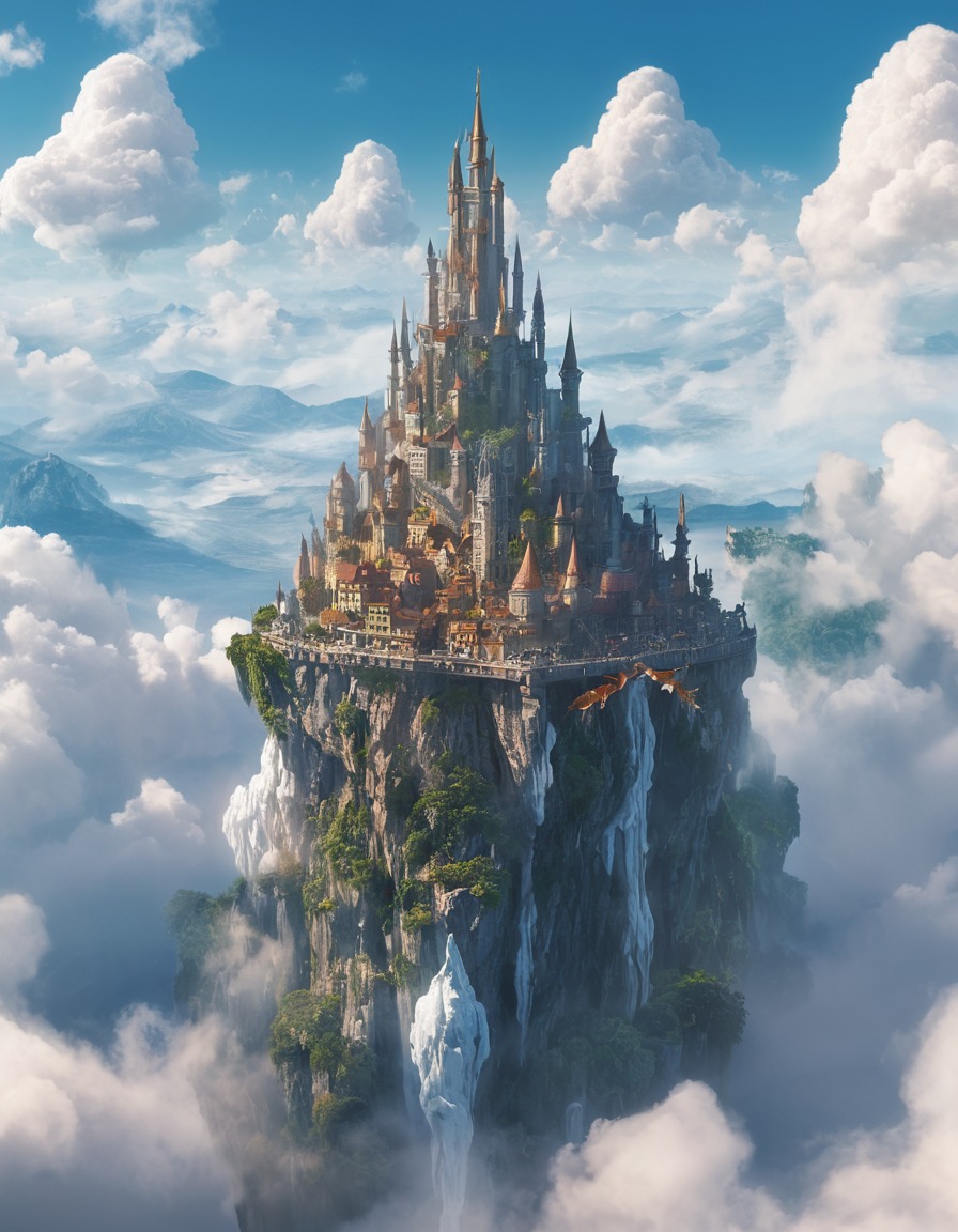 fantasy, floating city, wizards, dragons, harmony, fantastic