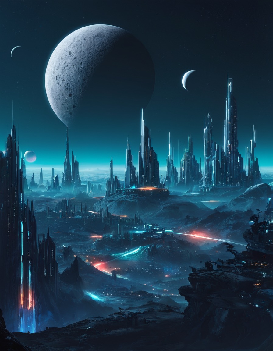 futuristic, cityscape, alien, sci-fi, moons, space, stars