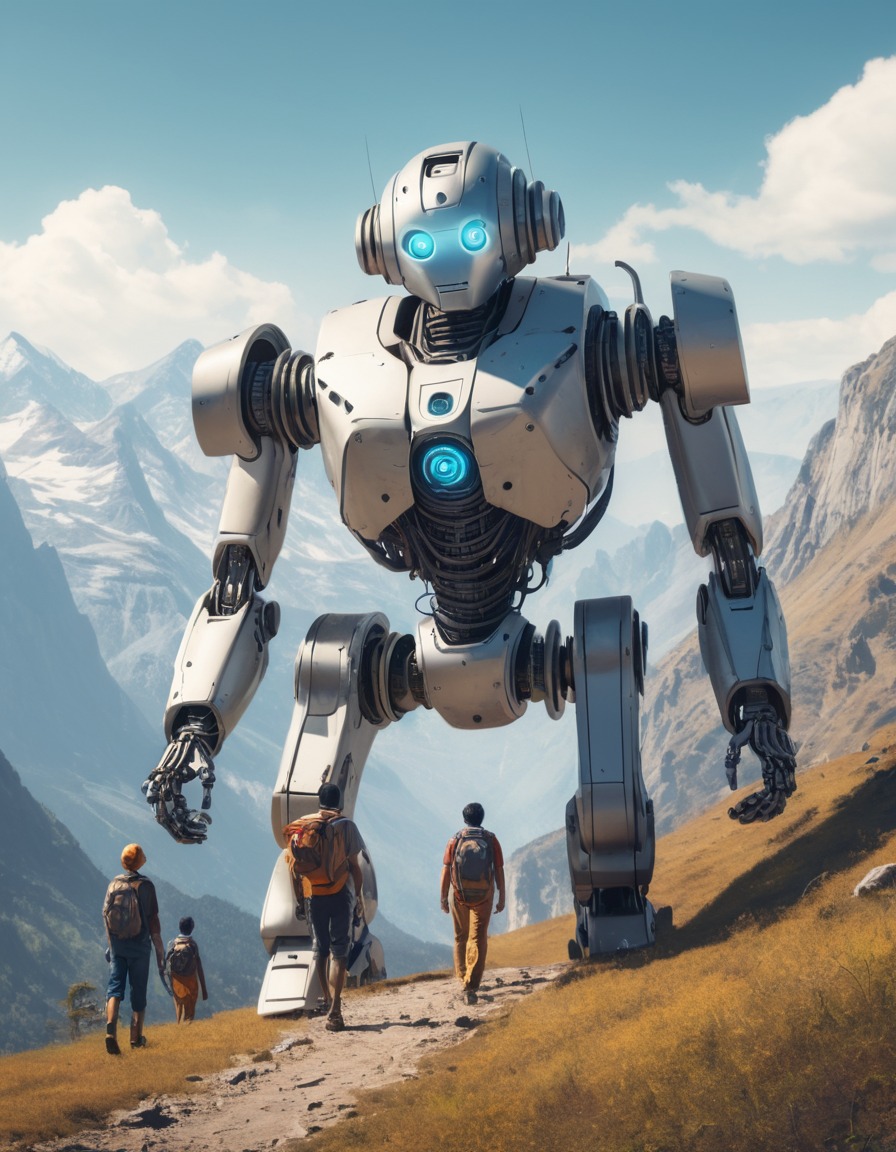 robot, hiking, technology, outdoor adventure, mountain landscape, robots