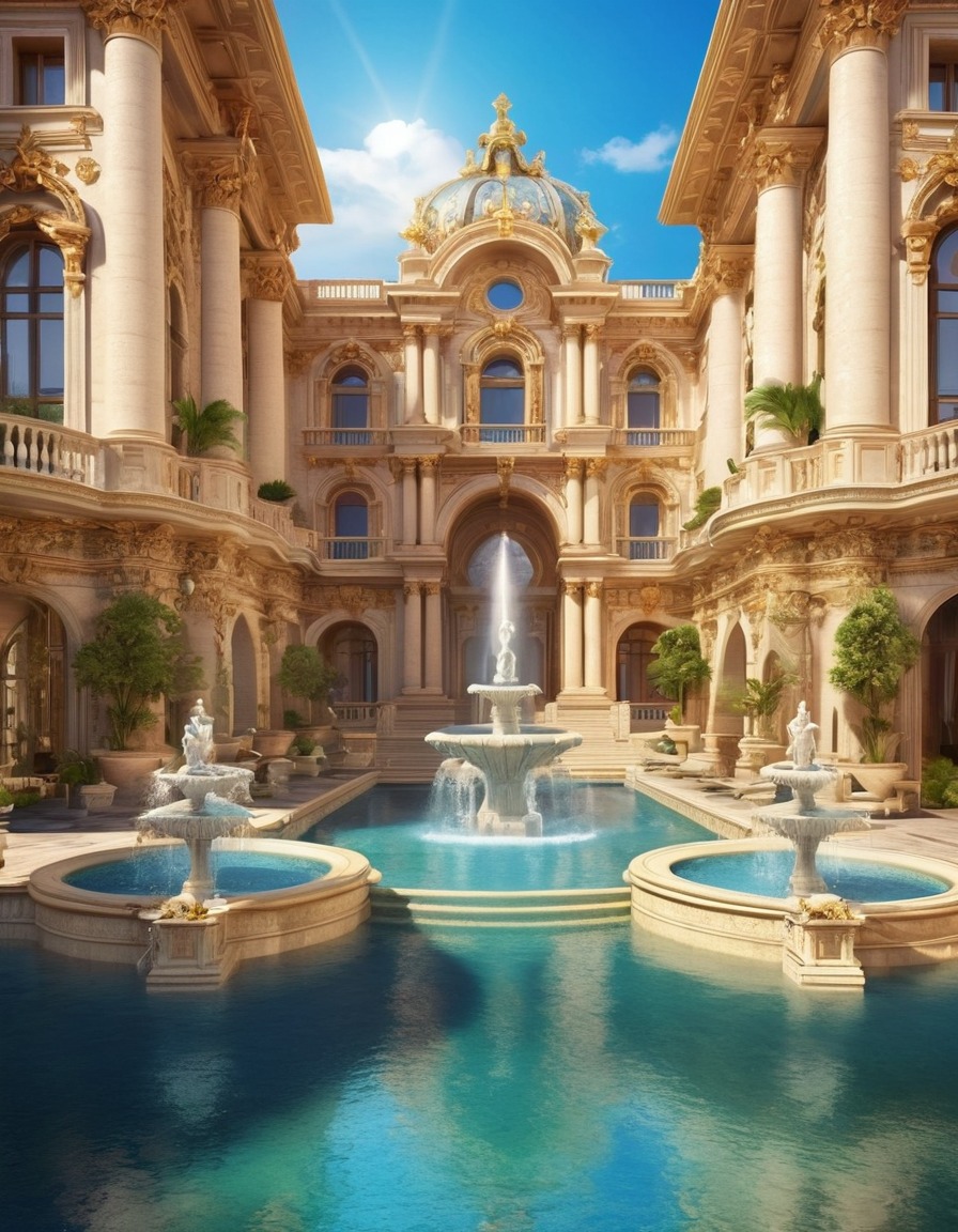 baroque architecture, palace, fountain, opulence, grandeur, architecture