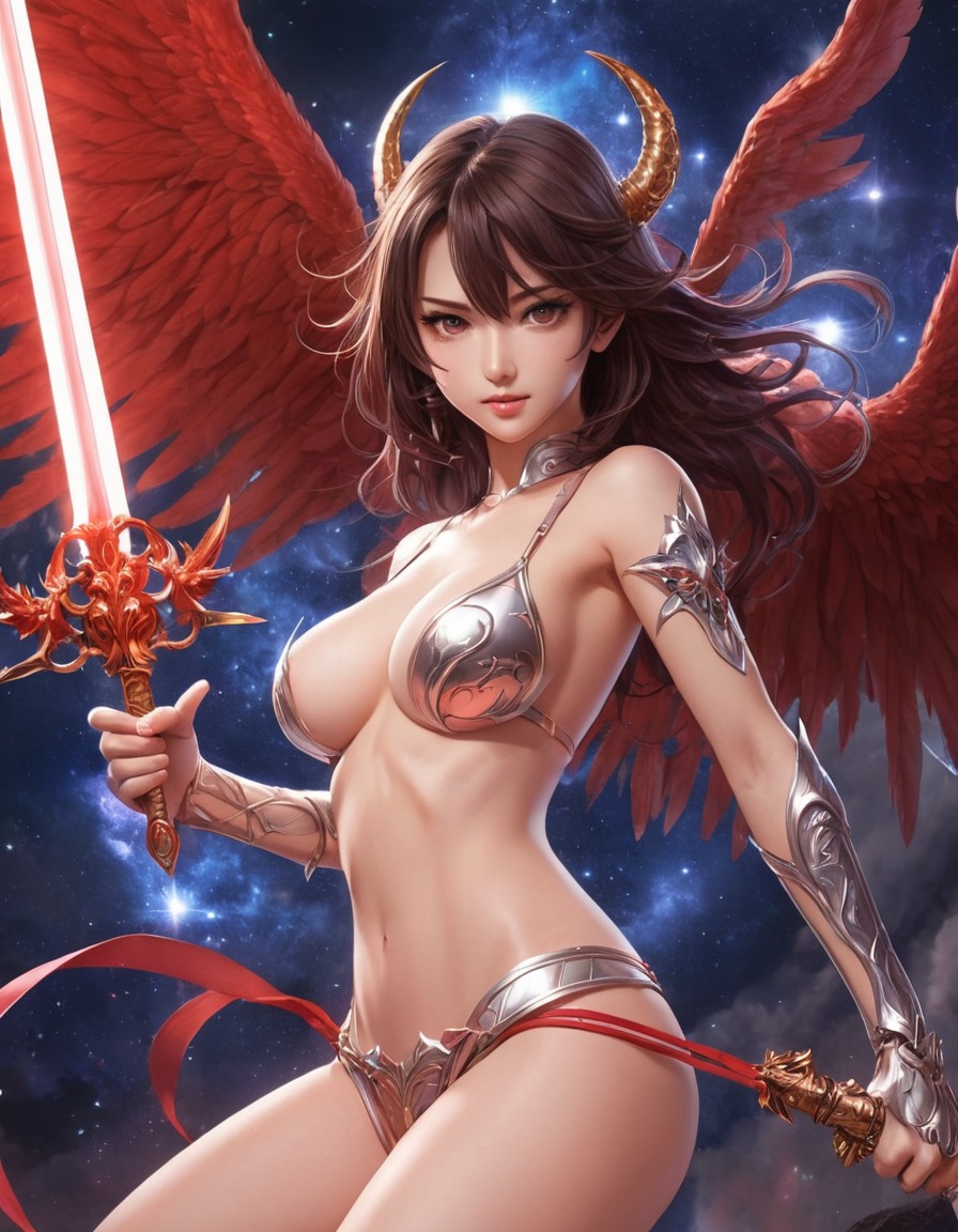 angel, demon, celestial, sword, pitchfork, showdown, angels, demons, anime