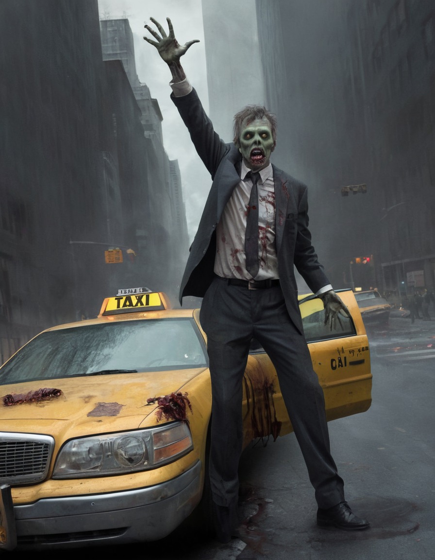 zombie, businessman, decaying taxi, city street, horror, supernatural