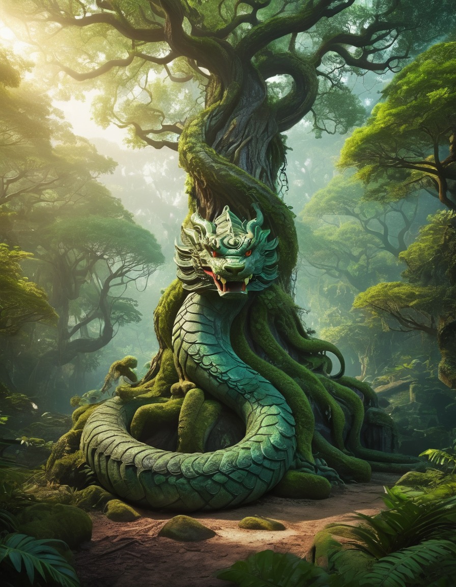 naga, serpentine deity, mystical, forest, ancient tree