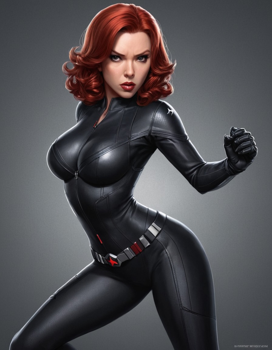 black widow, superhero, female, action pose, seductive, fierce, sexy, painted