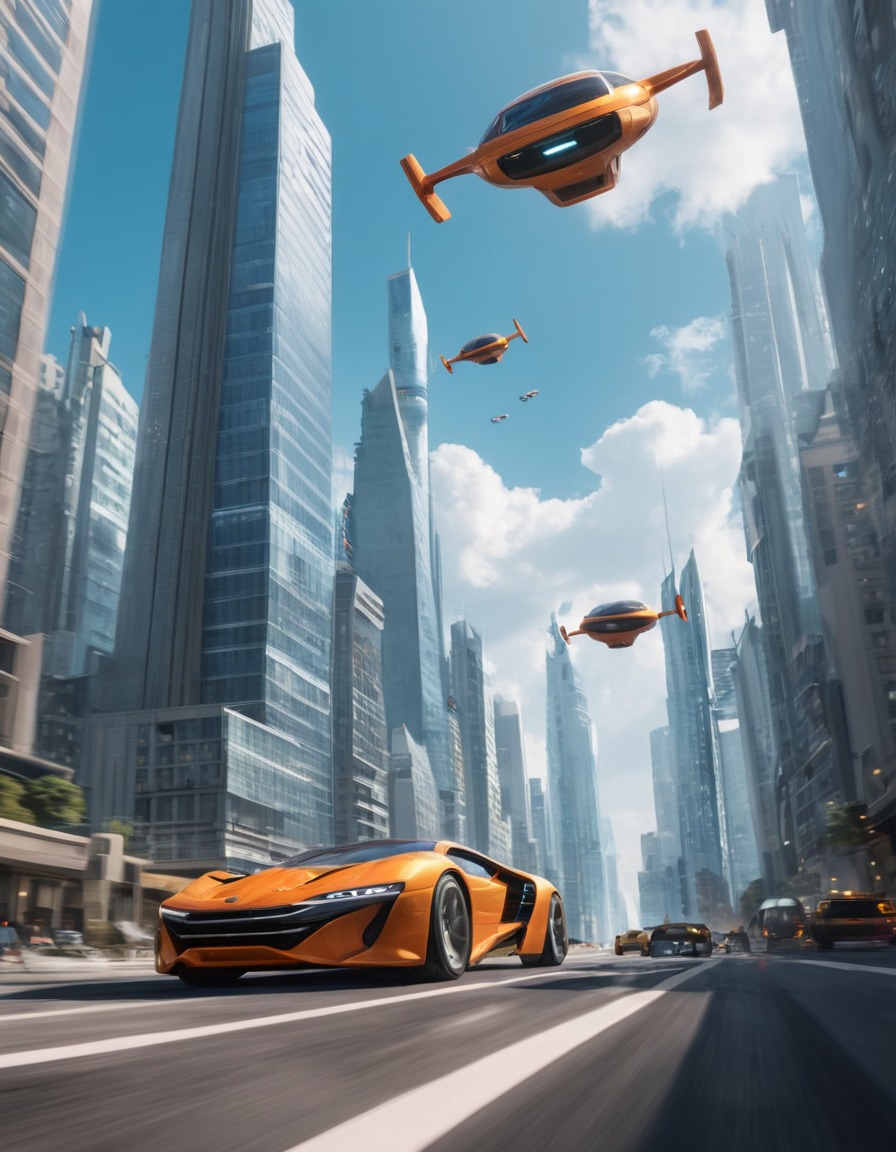 futuristic, cityscape, flying cars, skyscrapers, advanced technology, future