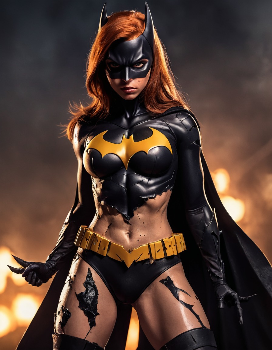 batgirl, superhero, triumph, dynamic pose, battle scars