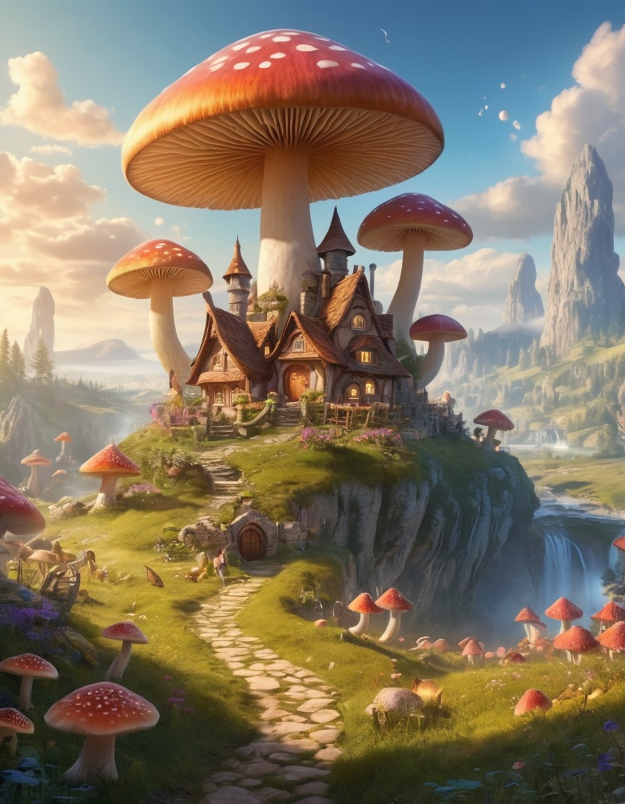 fairy village, mushrooms, glowing meadow, fantasy, magical creatures, fantastic