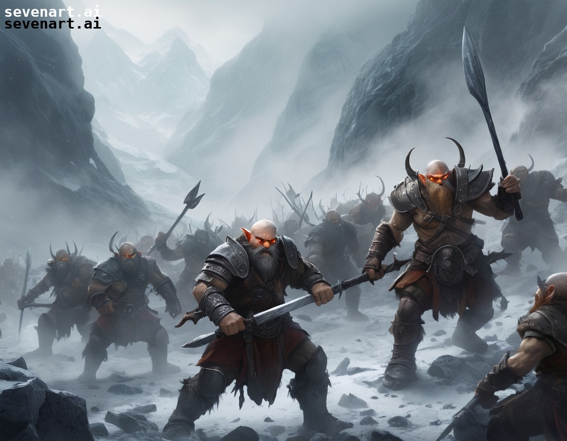 dwarves, goblins, battle, mist, mountain pass, fantasy