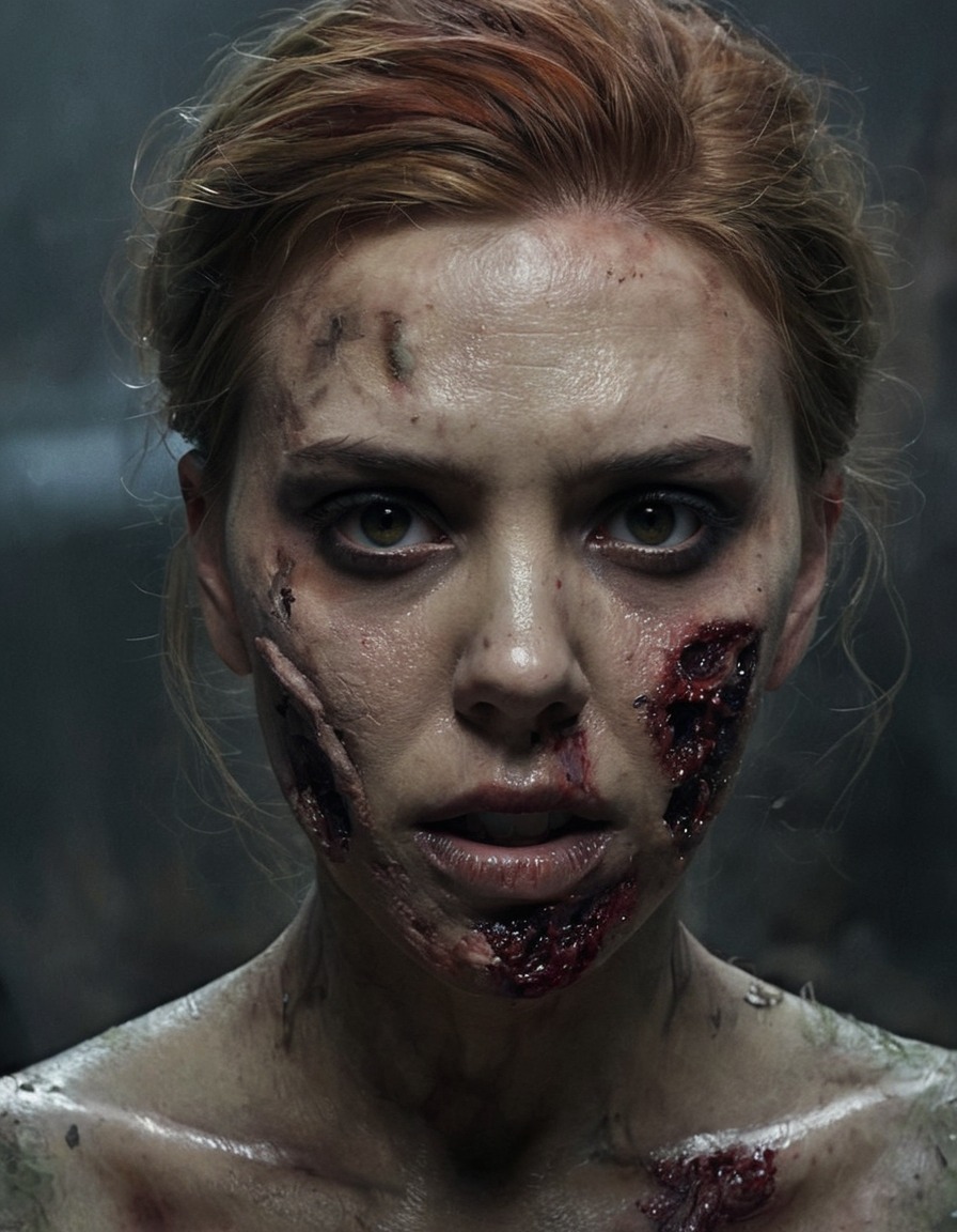 scarlett johansson, zombie, decaying skin, haunting gaze, celebrities