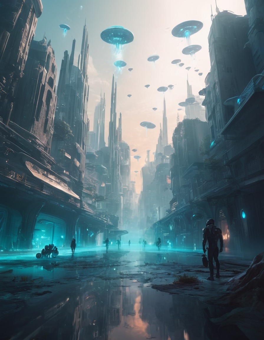 alien planet, ethereal, city, floating creatures, glowing, extraterrestrial, aliens