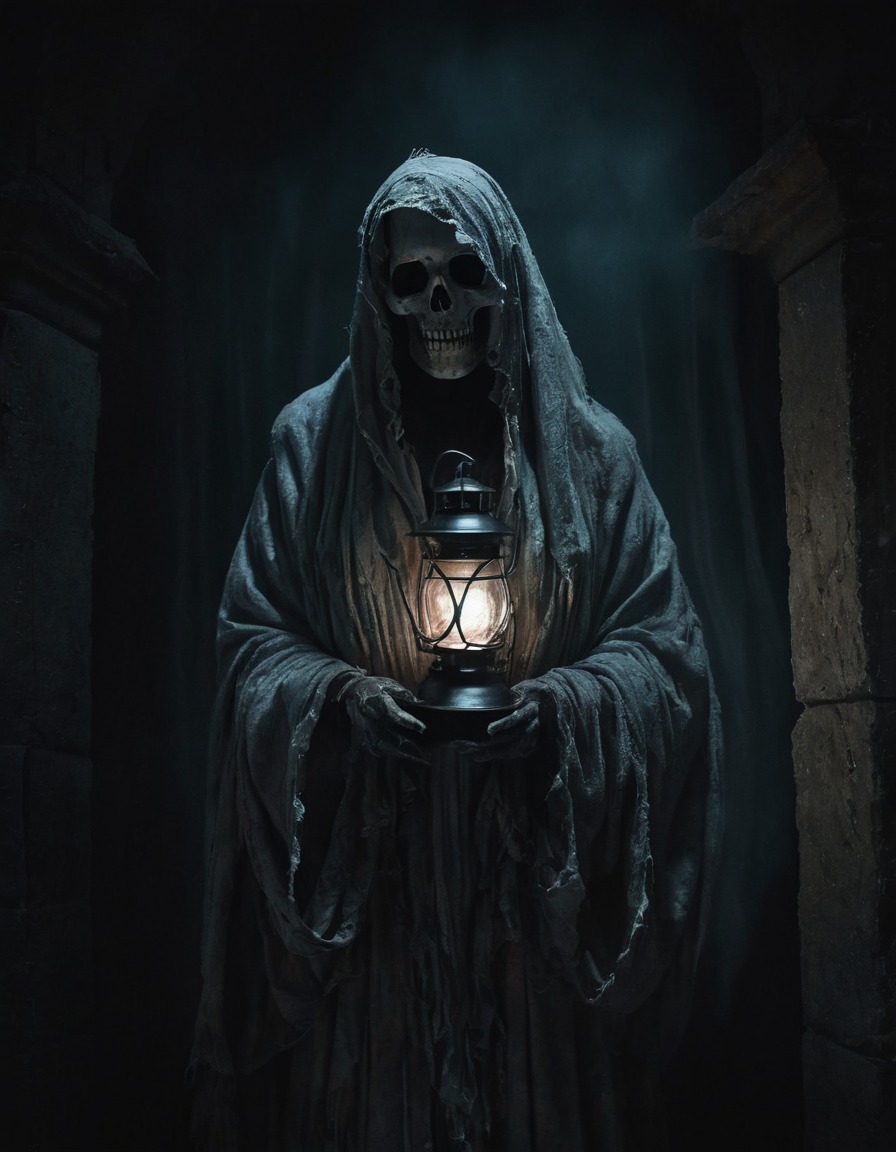 haunted, mansion, spectral figure, lantern, ghostly figure, spooky, gothic, underground, dark