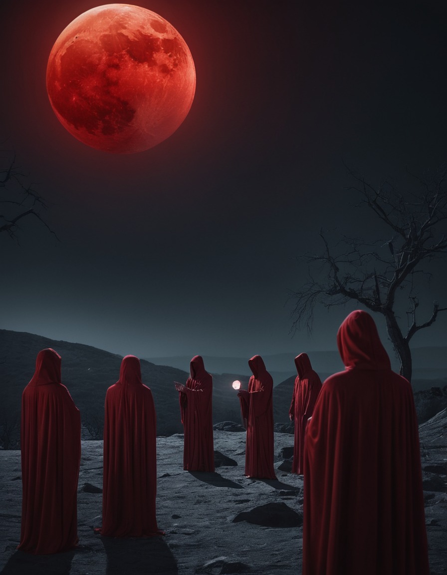 mystical, ritual, cloaked figures, blood-red moon, mysterious, lovecraft, howard lovecraft