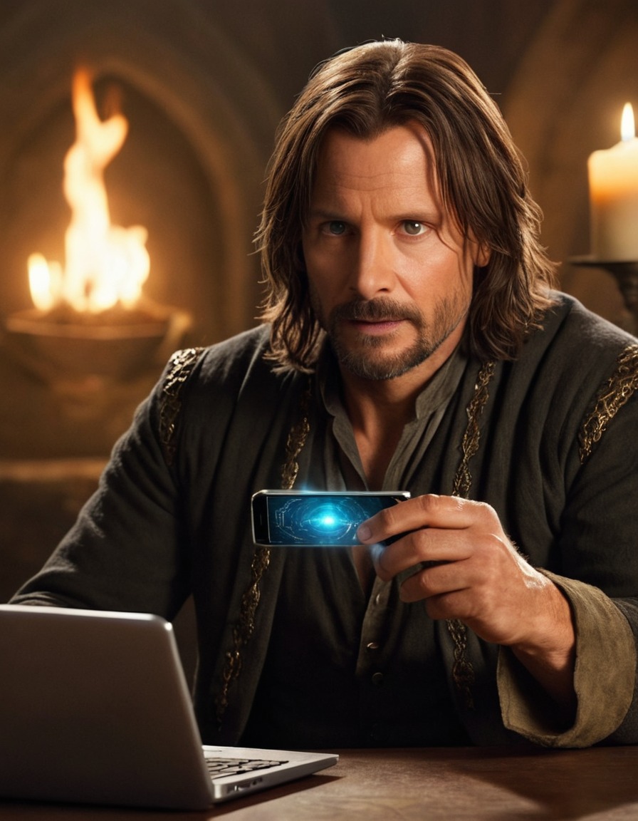 fictional character, aragorn, modern technology, smartphone, laptop, adventure, books