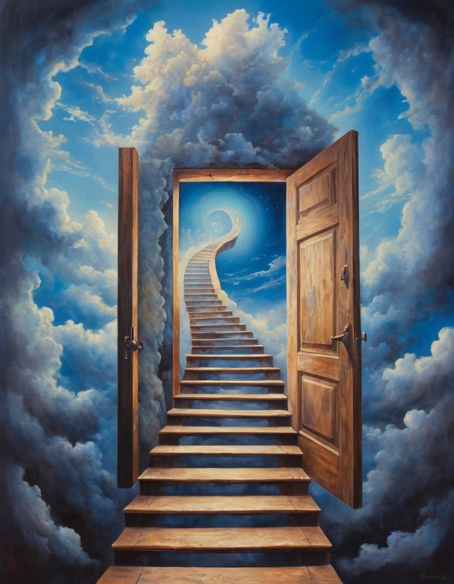 staircase, door, sky, surrealism, surreal