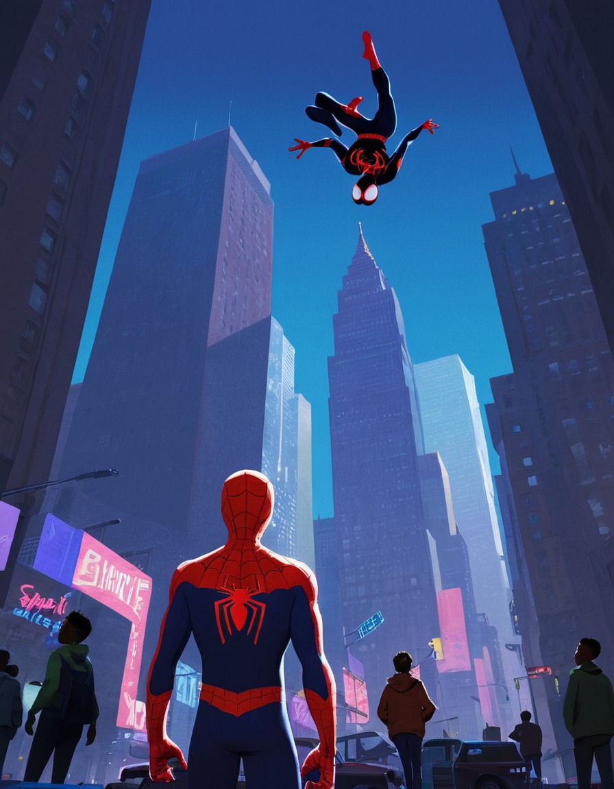 spider-man, into the spider-verse, movie scene, animated film, superhero, marvel comics, spider-verse