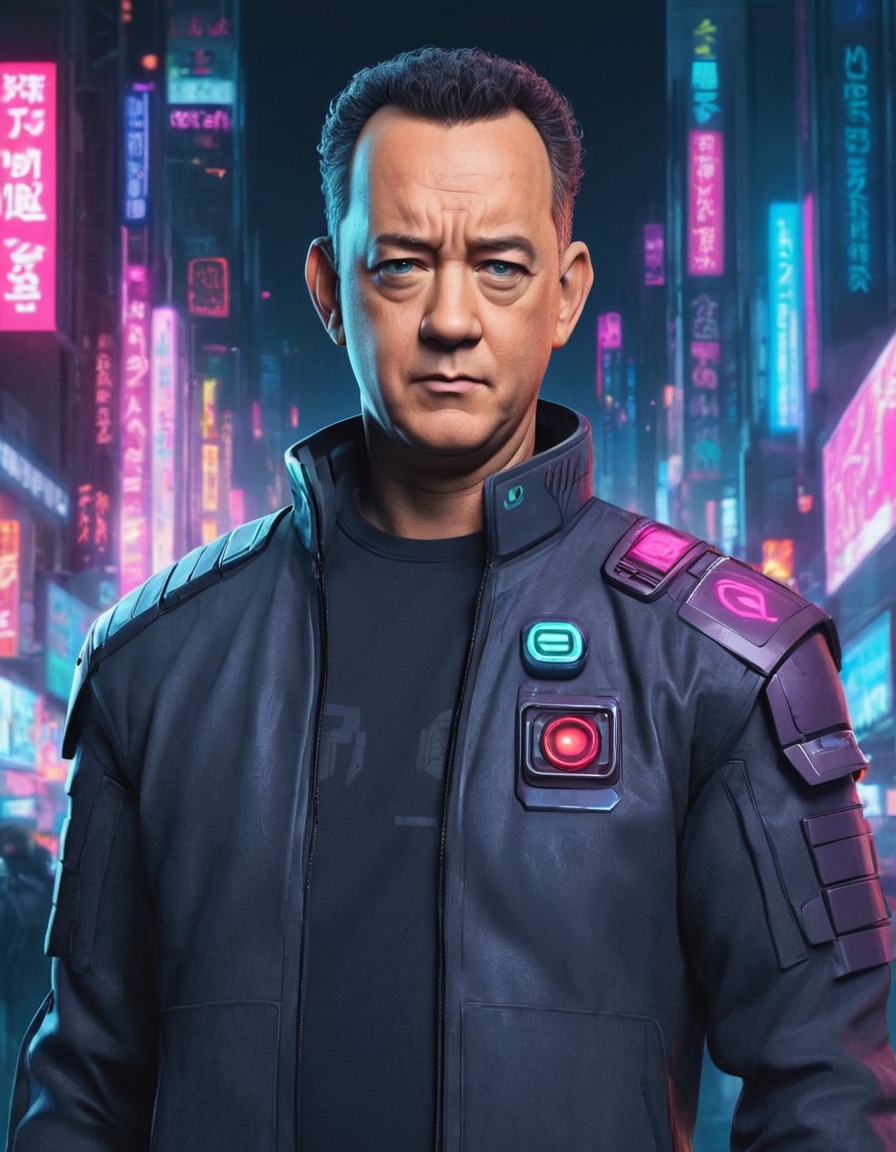 tom hanks, futuristic, cyberpunk, anime