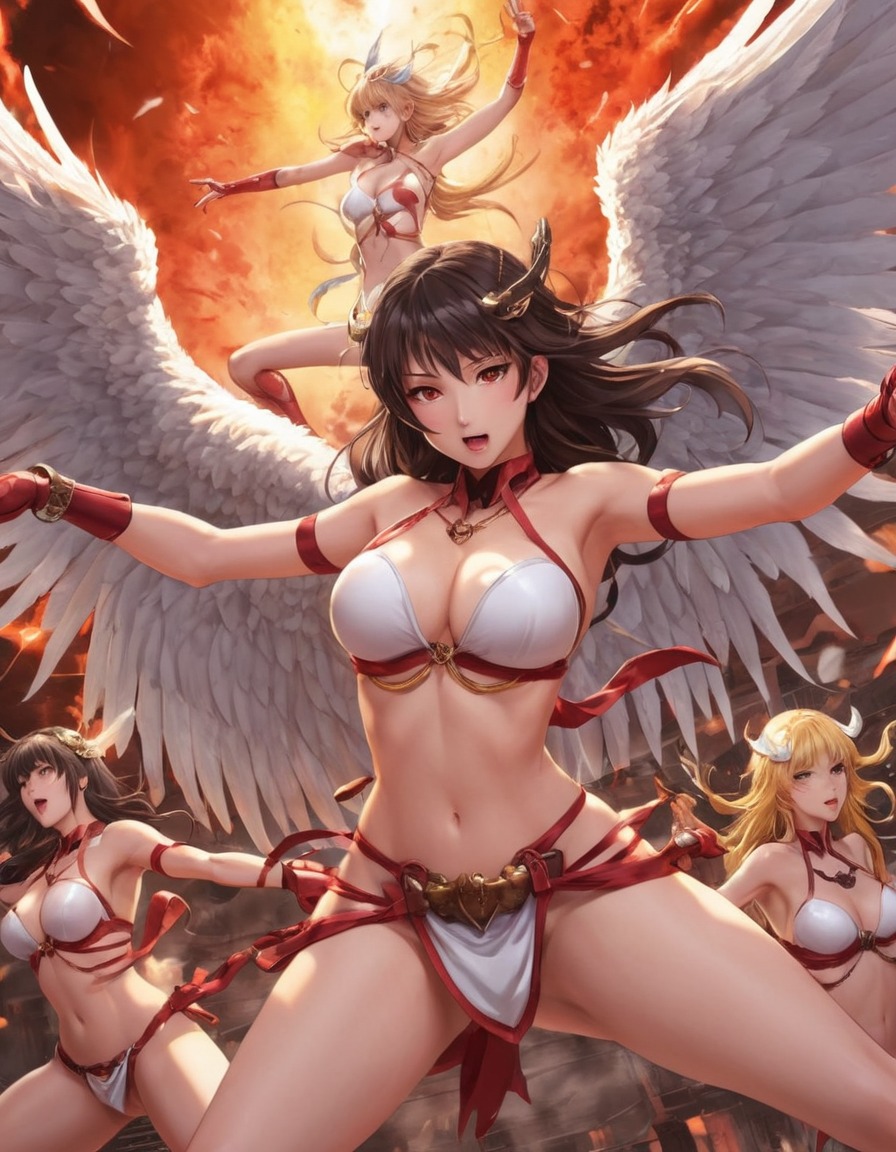 angels, demons, combat, wings, dance, struggle, anime