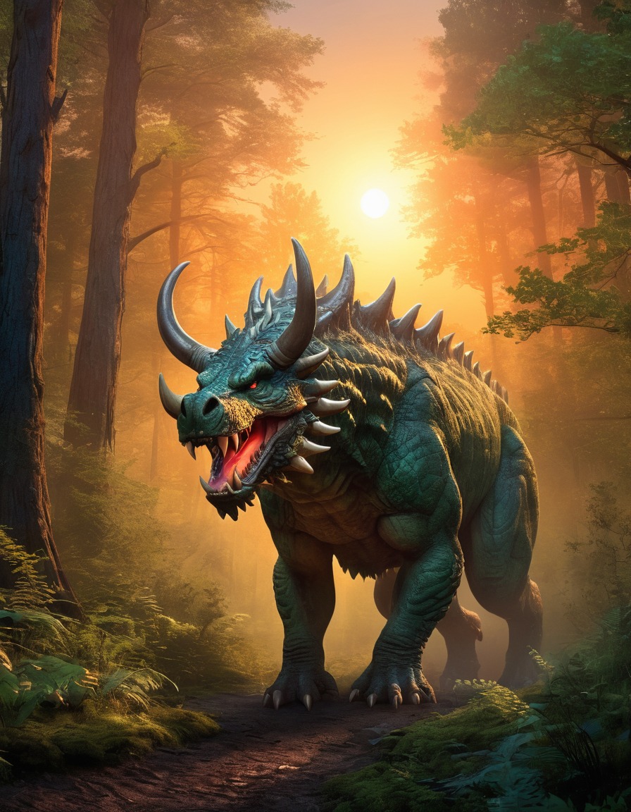 hodag, mythical creature, forest, sunset, majestic