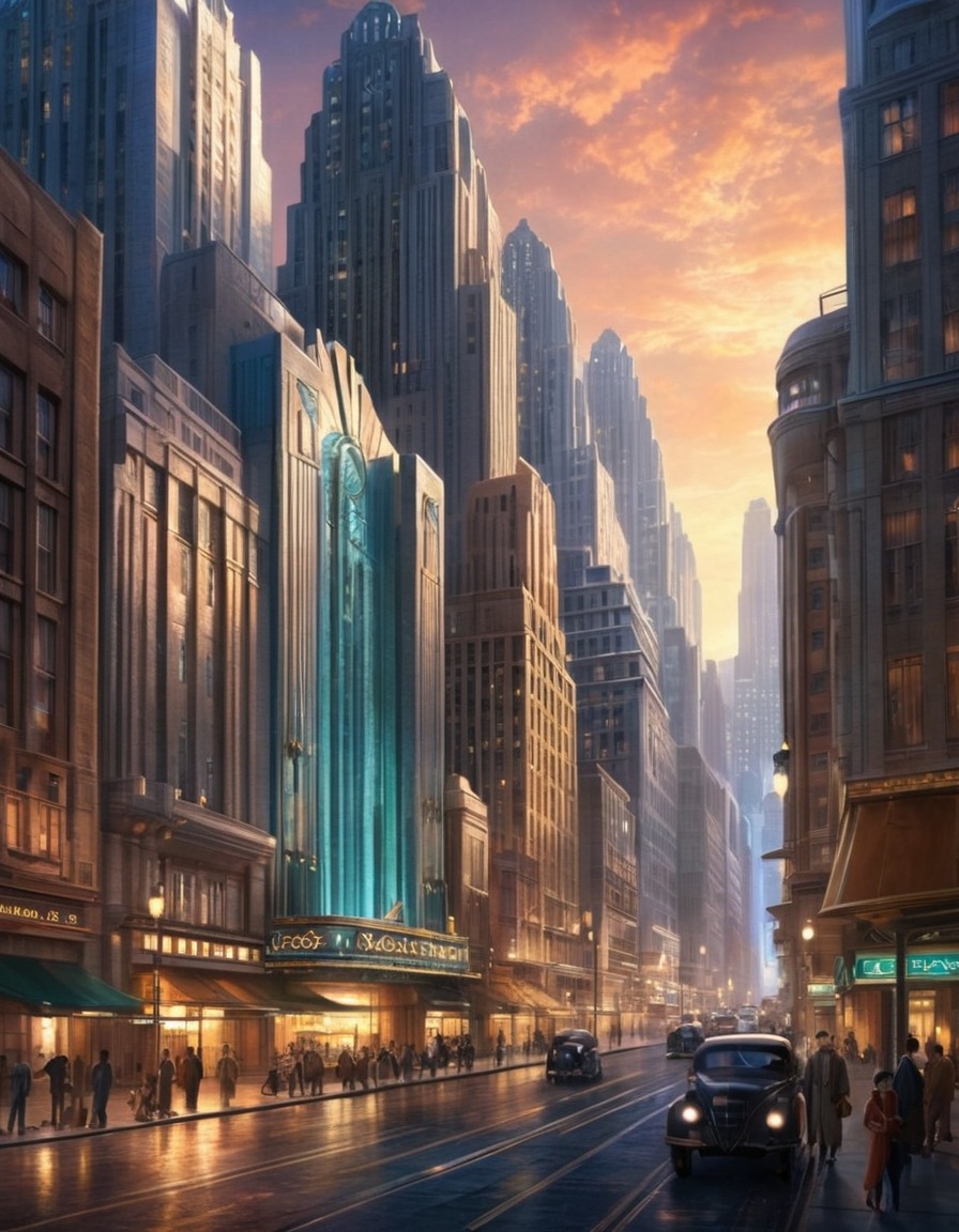 art deco, cityscape, urban architecture, bustling street, architecture