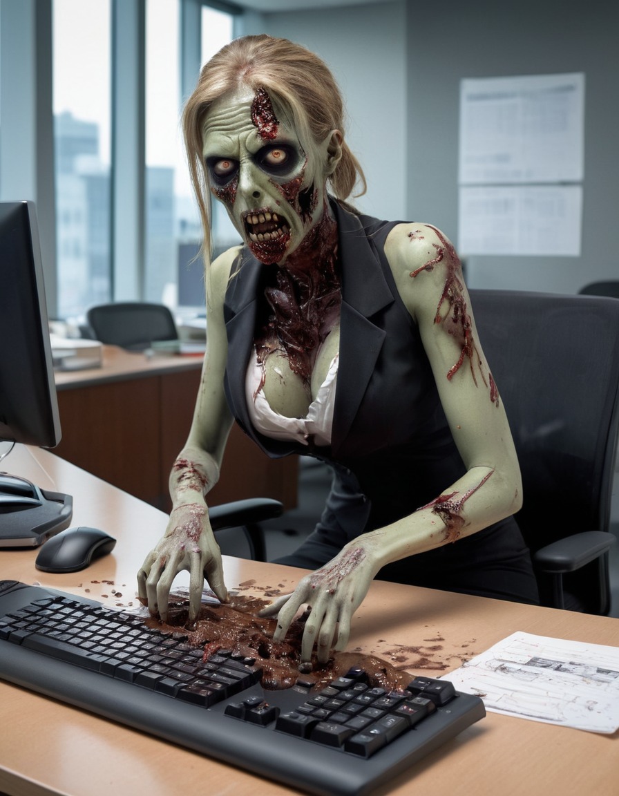 zombie, corporate office, coffee spill, workplace, humor