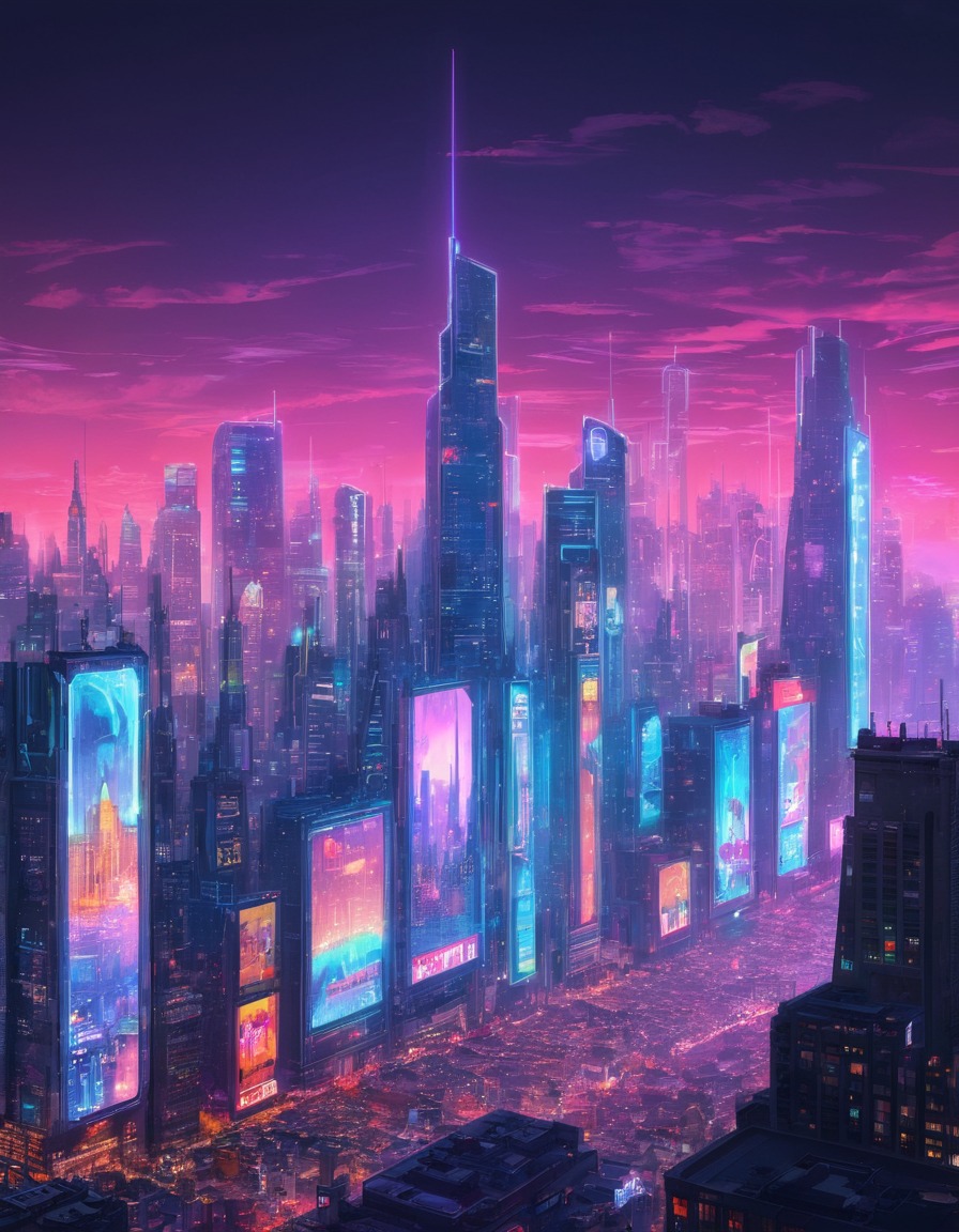 neon lights, futuristic, cityscape, holographic billboards, urban landscape, future