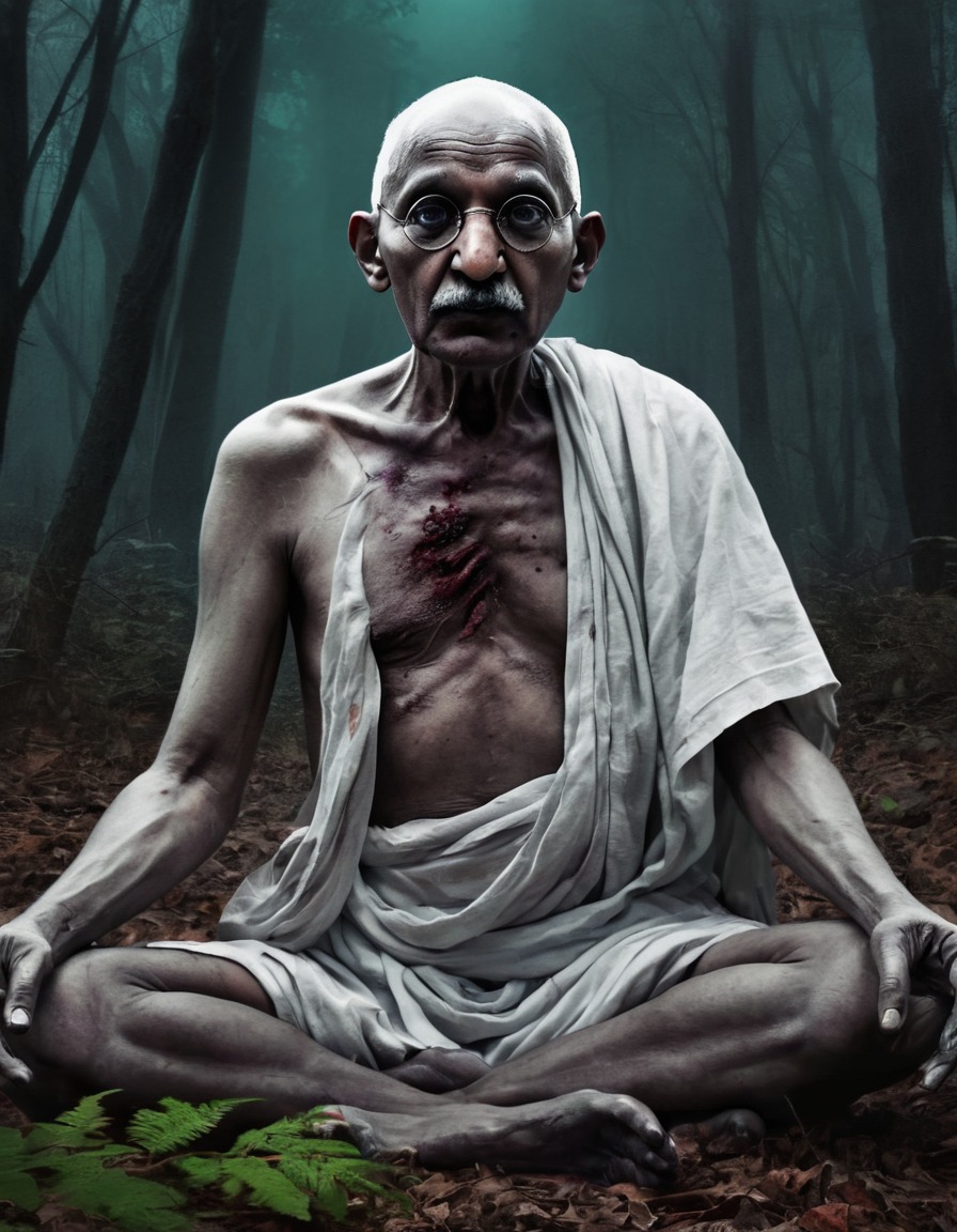 surreal, digital art, mahatma gandhi, zombie, meditation, forest, peaceful