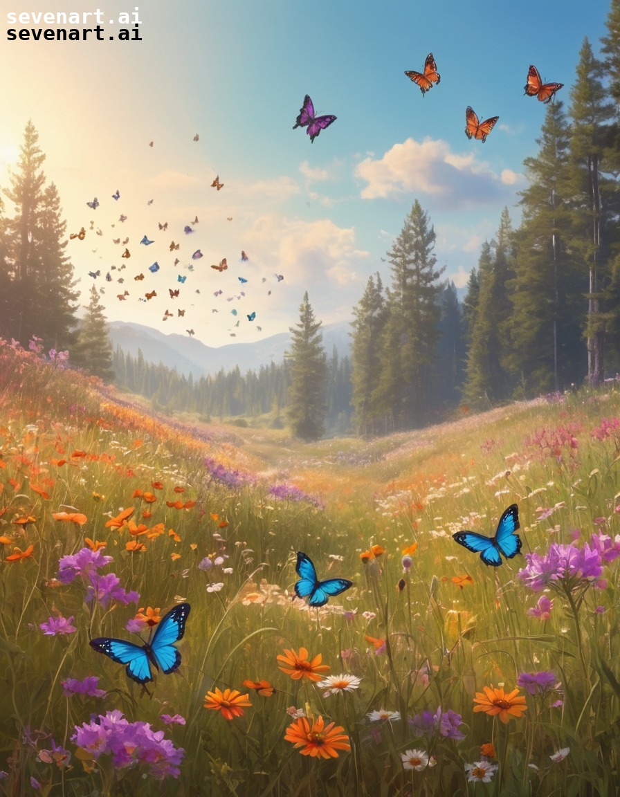 wildflowers, meadow, butterflies, nature, serene