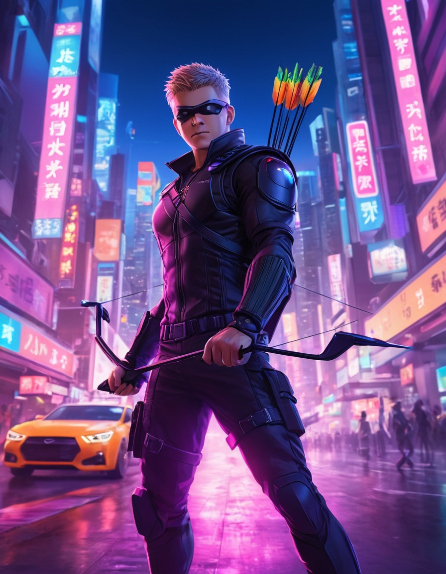 futuristic, hawkeye, neon, cityscape, superhero, technology, action, anime, marvel