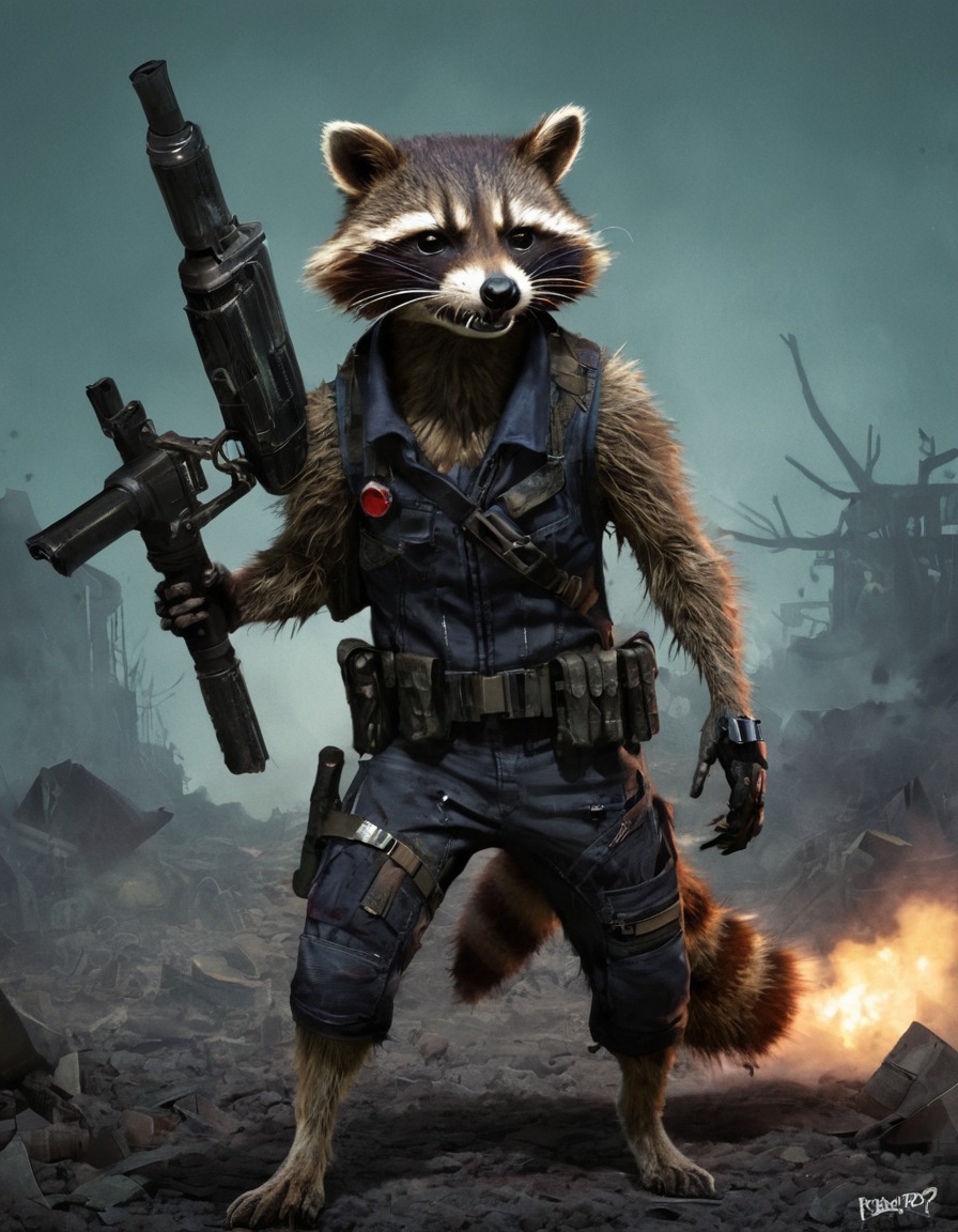 rocket raccoon, zombie, post-apocalyptic, wasteland, marvel comics, marvel