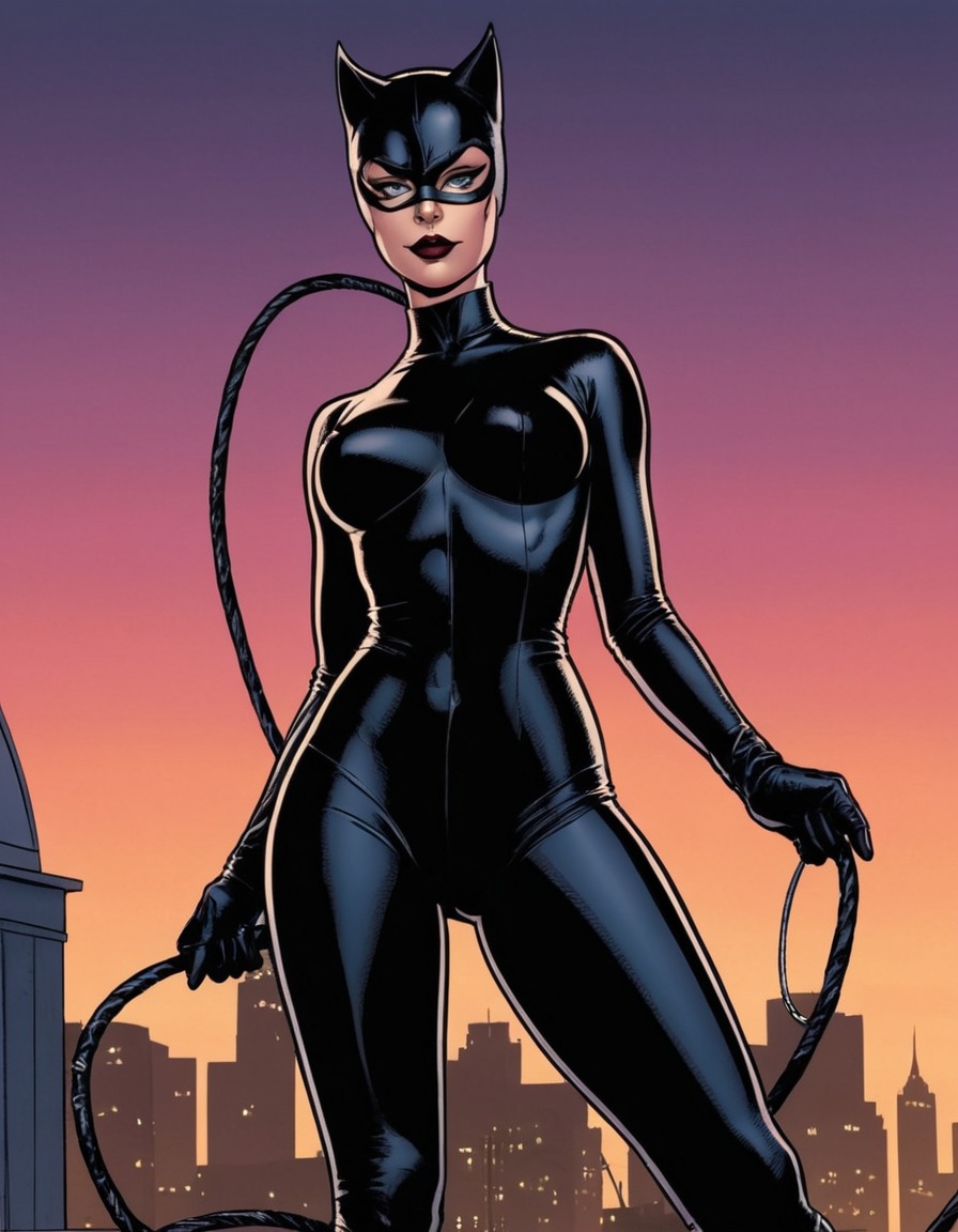 catwoman, superhero, gotham city, night, rooftop, seductive, woman, whip, sexy, painted