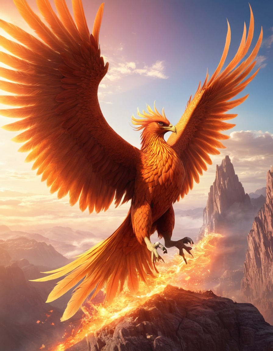 phoenix, mythical creature, ethereal, majestic, landscape, skies