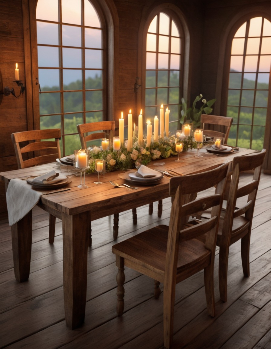 dining table, candles, flowers, romantic dinner, rustic decor, home, interior