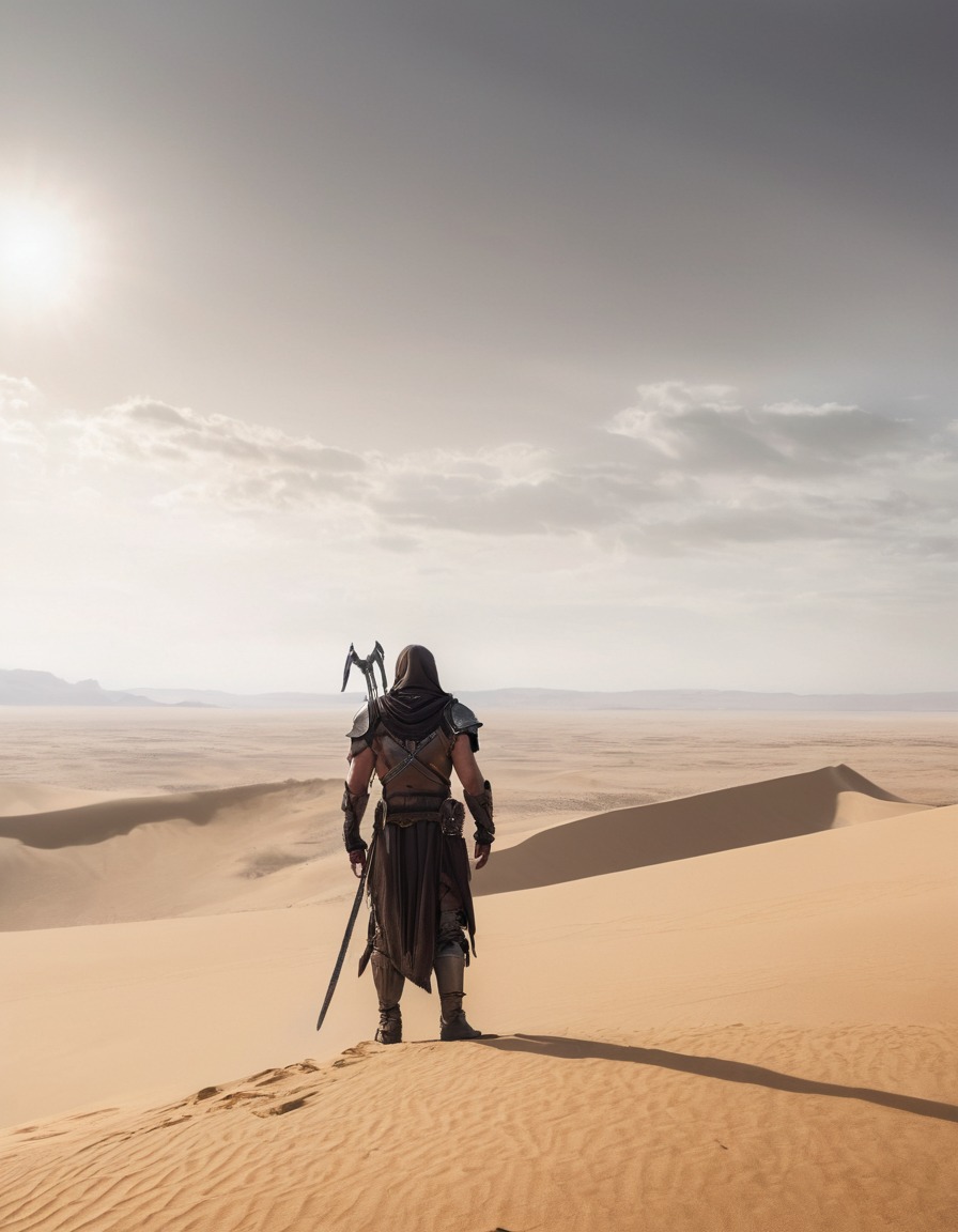 warrior, sand dune, landscape, solitude, mad max