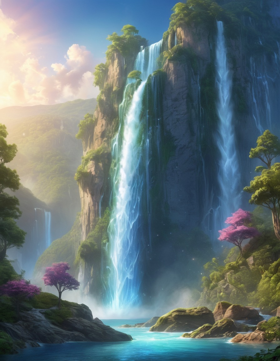 waterfall, mountainside, sprites, pixies, nature, magical, fantasy, fantastic