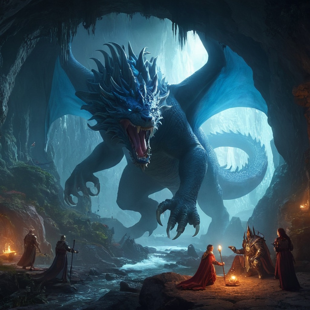 fantasyart, dragon, dnd, digitalart, magic, fantasycharacter, monster, creature, rpg, adventure, bluedragon, cave, cavern, adventuringparty