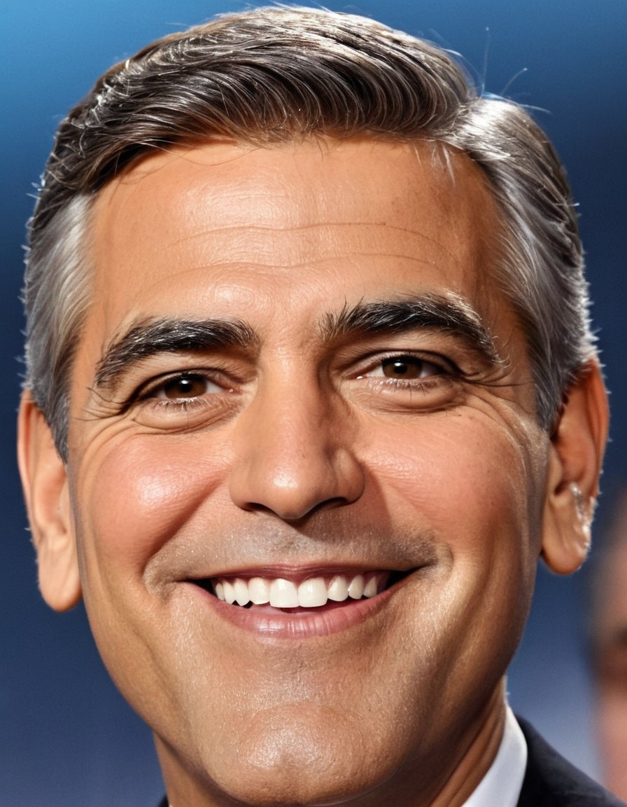 george clooney, caricature, big head, crazy smile, actor, hollywood, satire