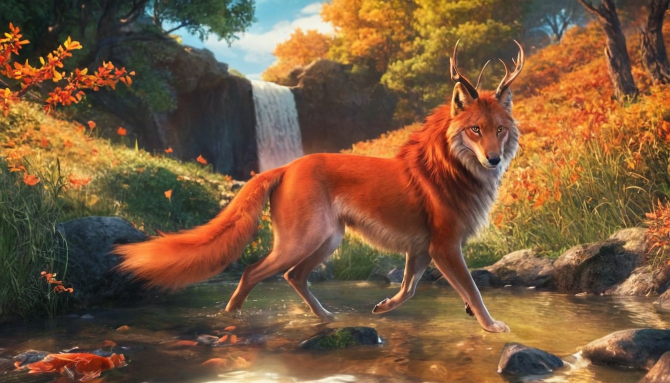 animal, autumn, background, canine, dog, fall, feral, forest, fox, wolf, fullfbody, waterfall, waterfalllandscape