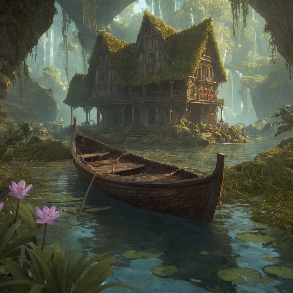 bayou, boat, dreamscape, flowers, house, landscape, lily, moss, scenery, swamp, trees, water