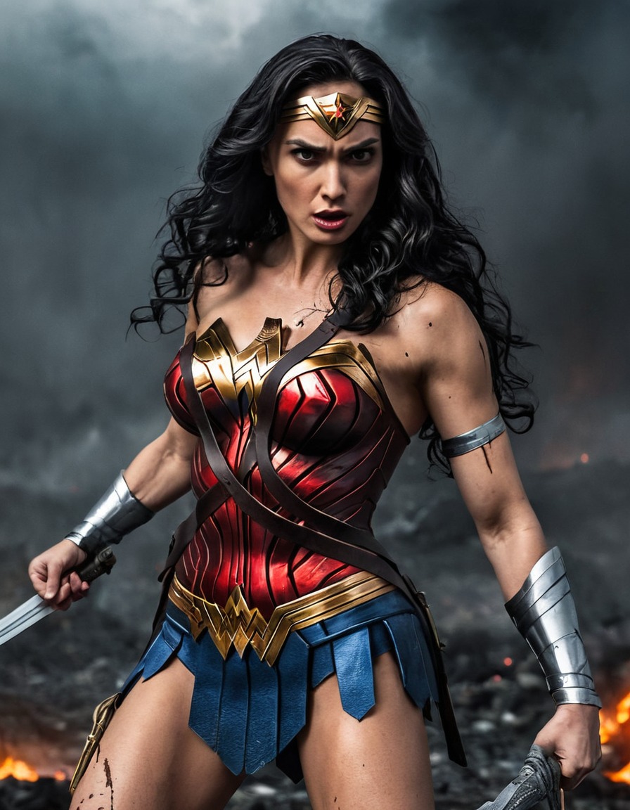 wonder woman, dc comics, superhero, battle, ripped clothes