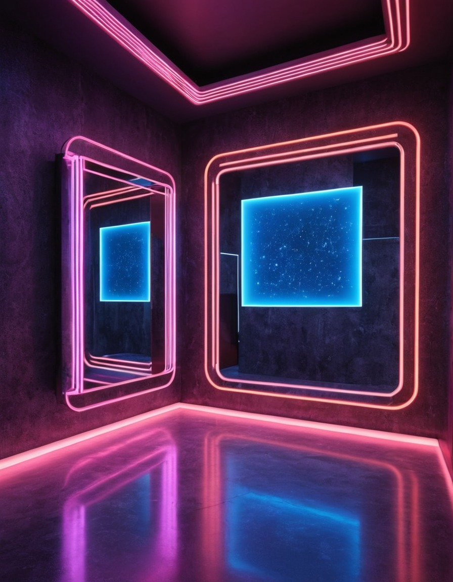 futuristic, art installation, neon lights, mirrors