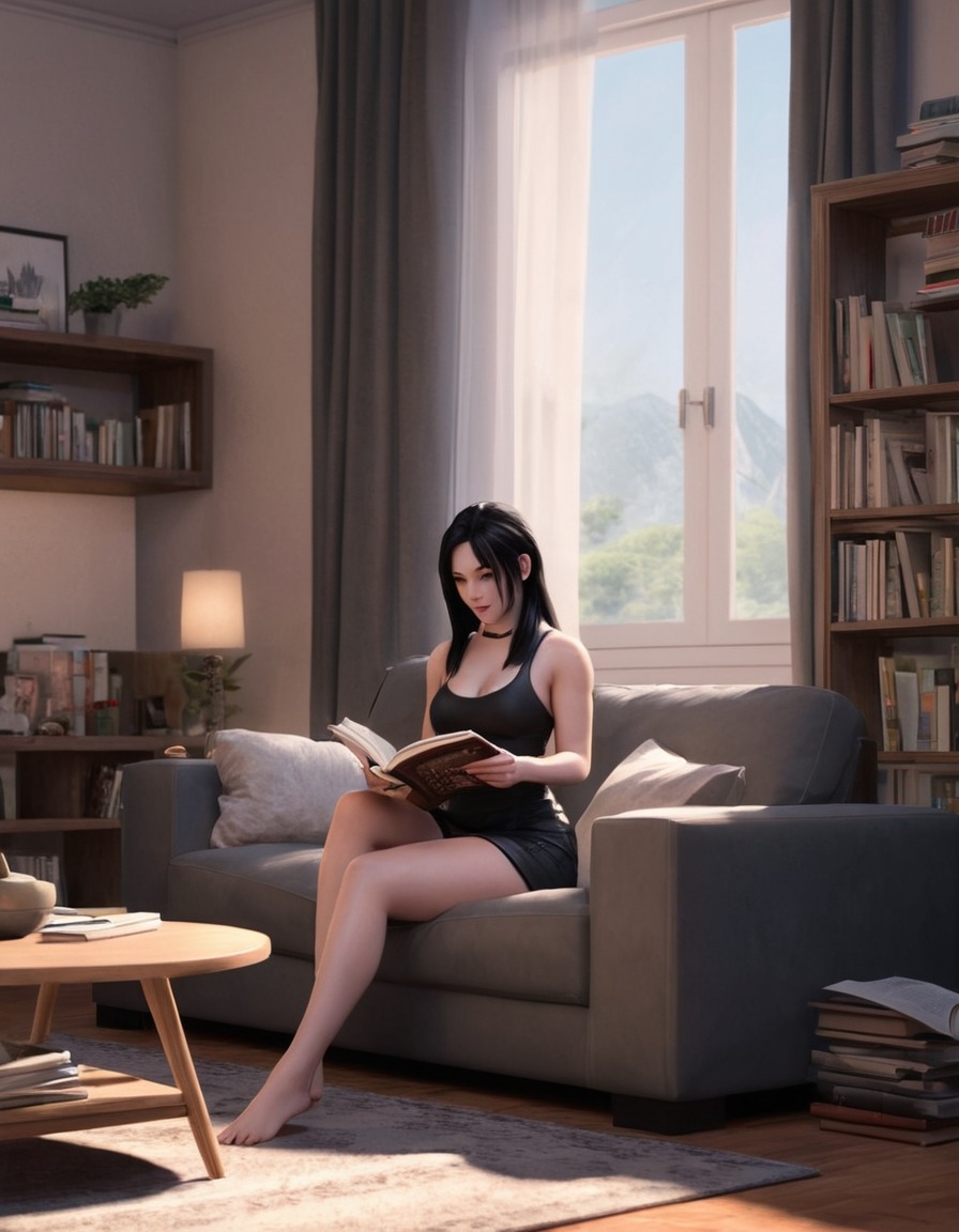 tifa lockhart, reading, cozy, living room, peaceful, games, girls from games